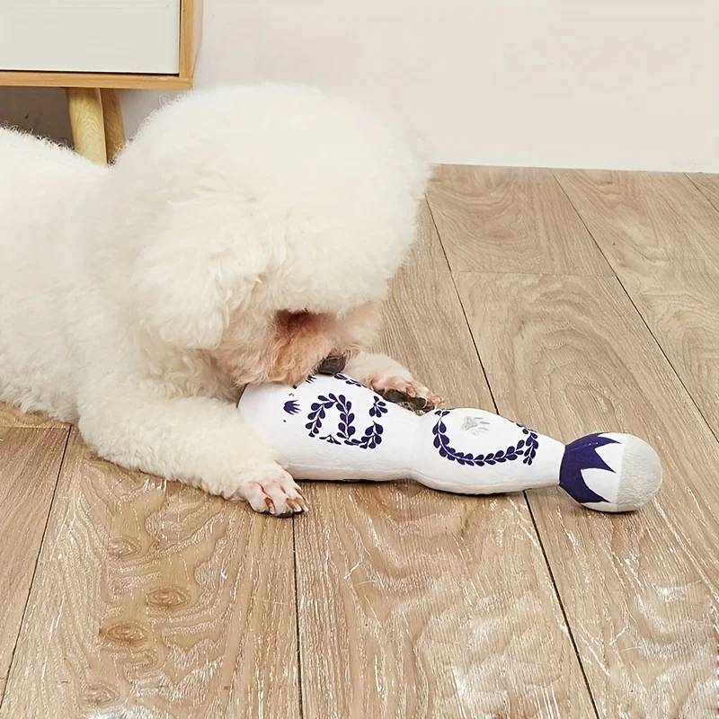 1Pc Pet Chew Toys Interactive Squeaky Plush Dog Toy-with Durable Plush Material in Unique Blue & White Porcelain Vase Design
