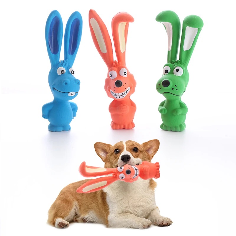 Dog Latex Chew Toy Naughty Rabbit Squeaky Long Ears Natural Rubber Puppy Teething Durable Pet Play Bite Proof
