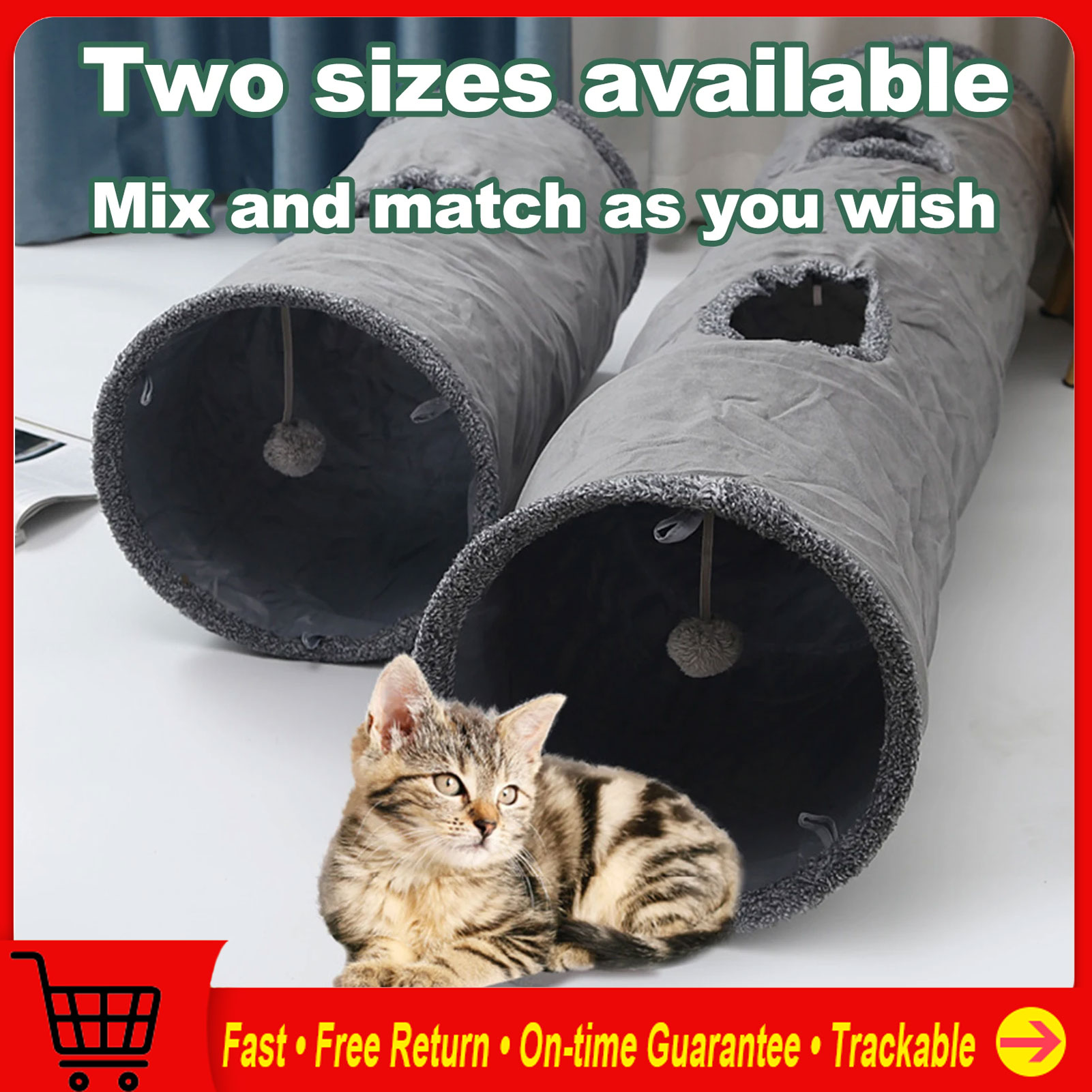 Collapsible Cat Tunnel Kit ten Play Tube for Large Cats Dogs Bunnies with Ball Fun Cat Toys 2 Suede Peep Hole Pet Toys with Ball