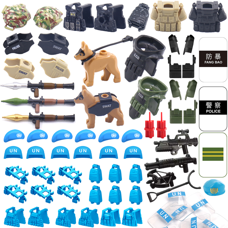 SWAT Special Forces Building Blocks Demolition Suit UNPKF Beret Vest Shield Waffen Box Gun Rocket Launcher Police Dog Bricks Toy