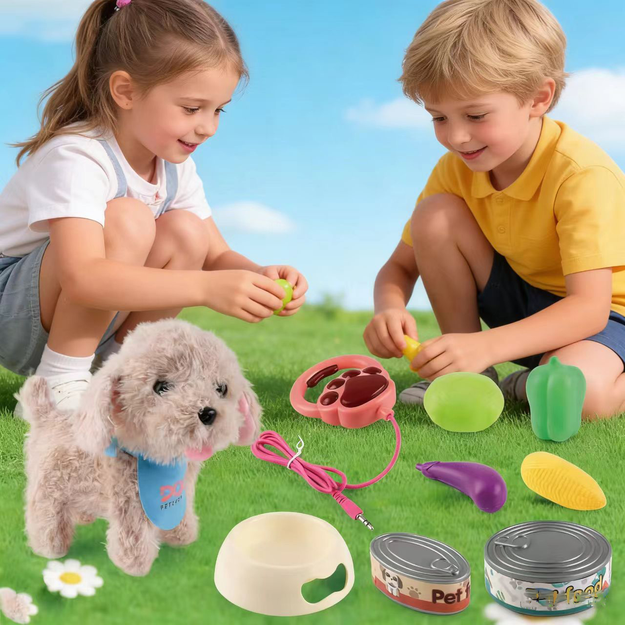 1PC Interactive Plush Dog Toy Set with Leash & Feeding Accessories - Walking, Barking Electronic Pet for Kids Best Gift.