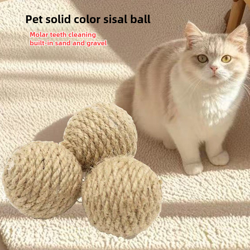 Natural Cotton Hemp Rope Ball Toy with Small Gravel Rollable for Cat Dog Interactive Entertainment Boredom Relief Teeth Cleaning