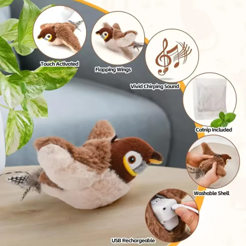 Bird Cat Toy Interactive Toys Dog Rechargeable Chirping Flapping Bird(no Flying) Touch Activated Plush Pet Toy