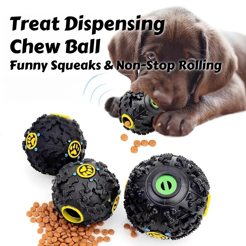 Interactive Treat Dispensing Chew Ball Multi-Sensory Puzzle Toy with Funny Squeaks & Non-Stop Rolling Durable TPR Dental Feeder