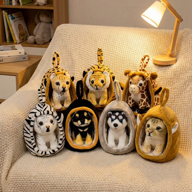 18cm Kawaii Stuffed Zoo Animal Giraffe Tiger Lion Plushies Soft Doll in a Nest Bag Cute Small Dog Plush Toy Girl Boy Gift