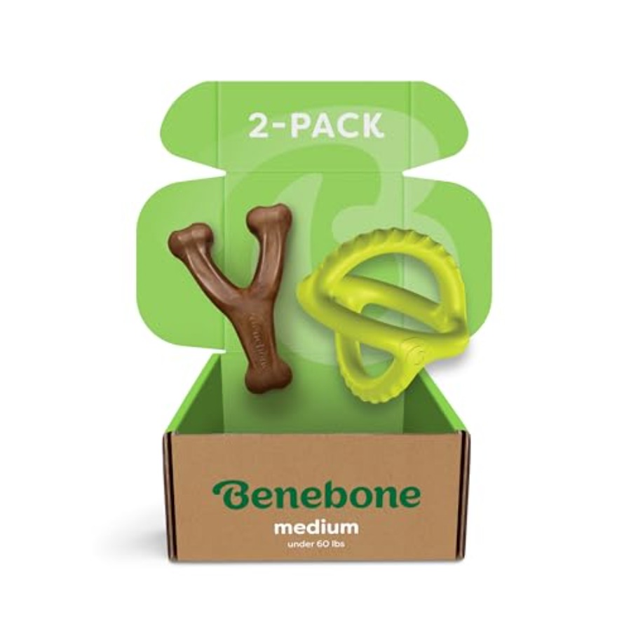 Bundle of Wishbone Durable Dog Chew Toy for Aggressive Chewers Real Bacon Made in USA Medium + Natural Rubber Tug Interactive D