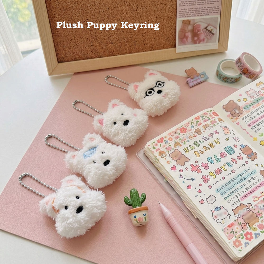 Plush Dog Keychain Toy White Fluffy Puppy Keyring Animal Kawaii Embroidered Clip Backpack Pendant Women Birthday Gift