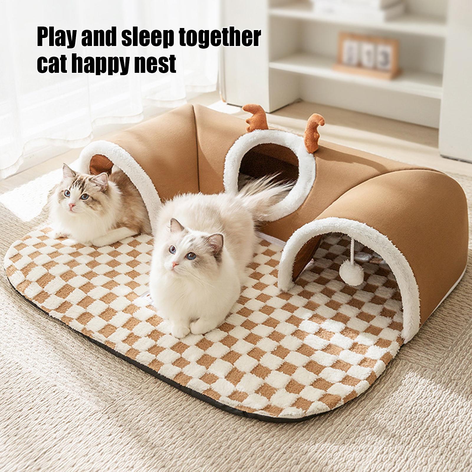 Winter Indoor Warm Plush Cat Bed Tunnel Warm Shelter Tent House Toys for Dog Play and Sleep Integrated Hide and Seek Pet Nest