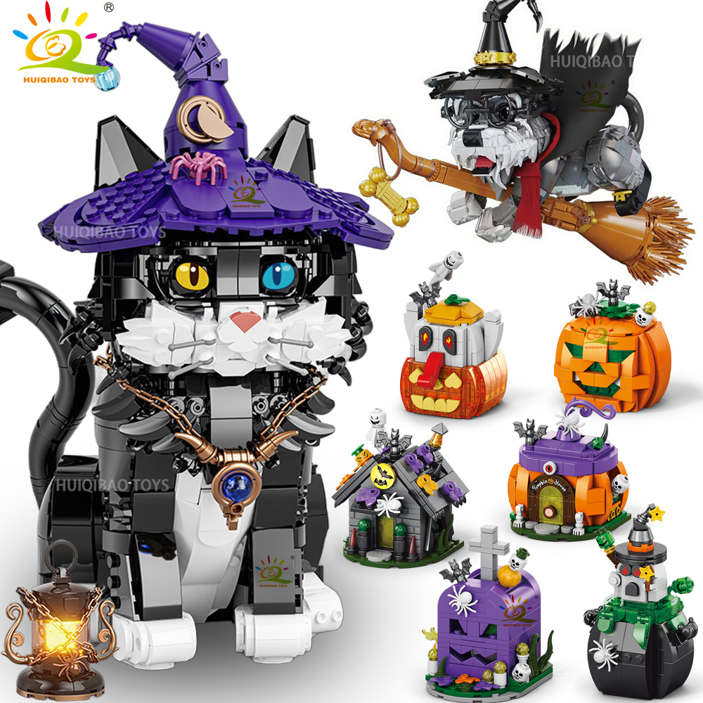 HUIQIBAO Halloween Wizard Cat Dog Ghosts Pumpkin Houses Model Building Block DIY Haunted House Bat Bricks Toys for Adult Gift