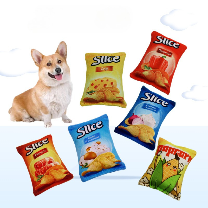 1pc Pet Chew Toy Novelty Plush Potato Chips Dogs Cats Interactive Squeaky Toy Plush Material Teething Play Toys for All Breeds