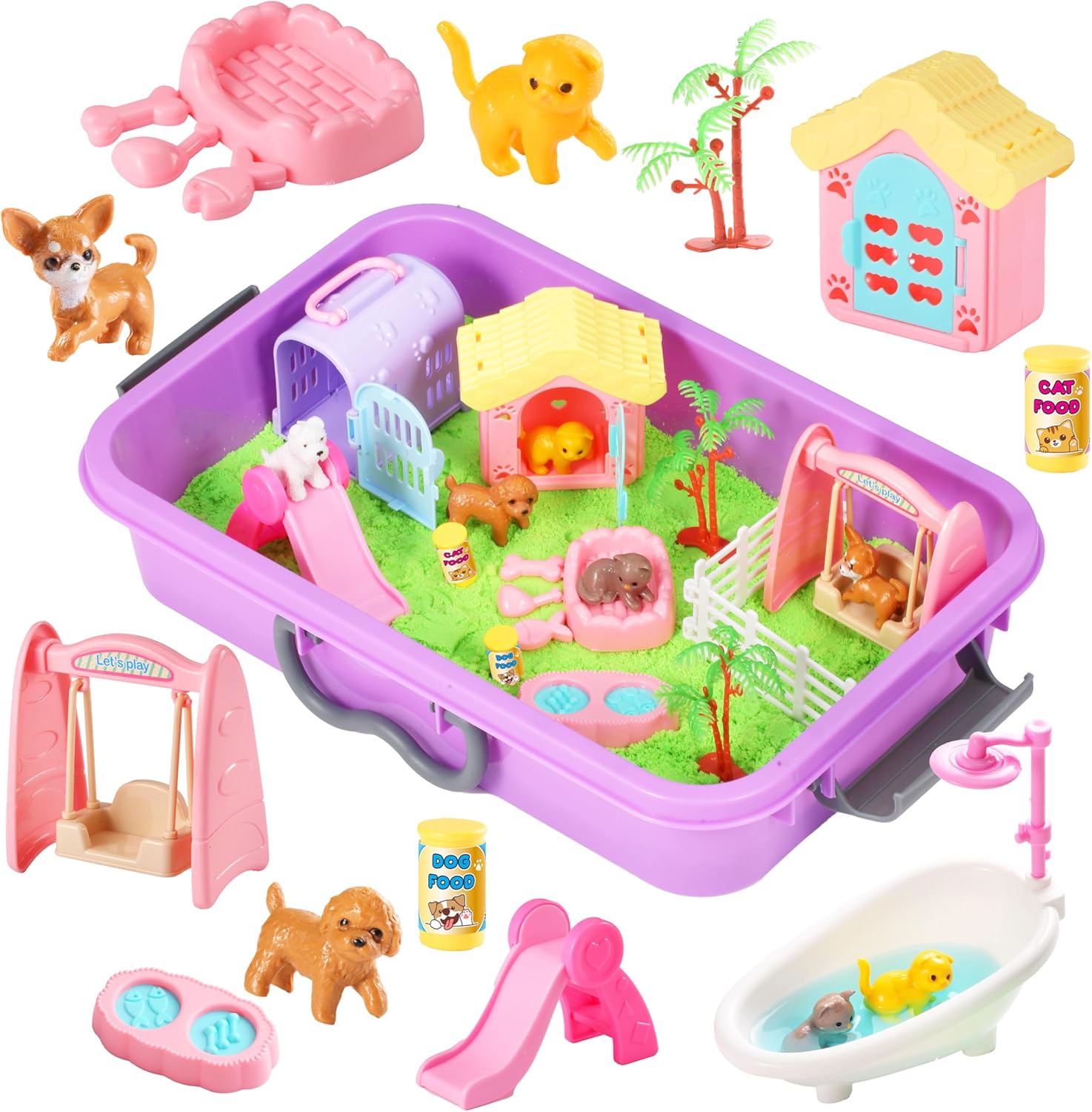Pet Sensory Sandbox for Kids, Dog & Cat Play Set with Sensory Sand, Pretend Beach Toy Gift for Boys Girls Ages 3-6