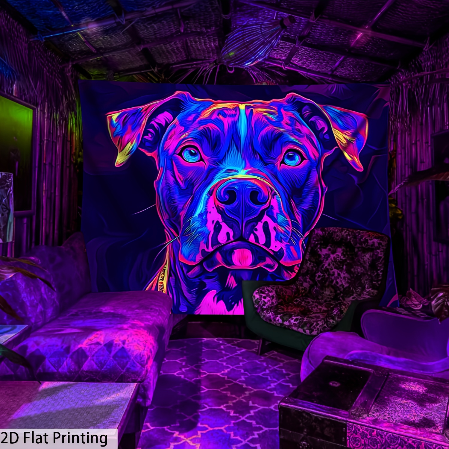 VIKAMA Cyberpunk Dog Head Tapestry Vibrant Purple-Blue-Pink Gradient Gaming Trend Toy Living Room Unique Room Decoration