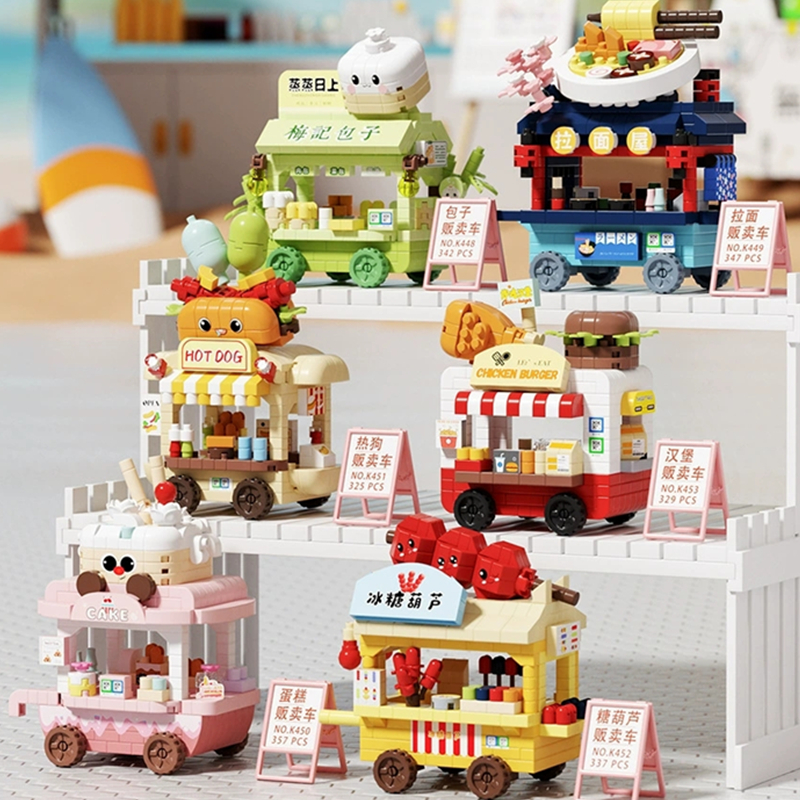 DIY Car Food Hot Dog Cart Truck Ice Cream Store Flower Hamburger Street View Building Blocks Kit Bricks Model Kids Toy Children