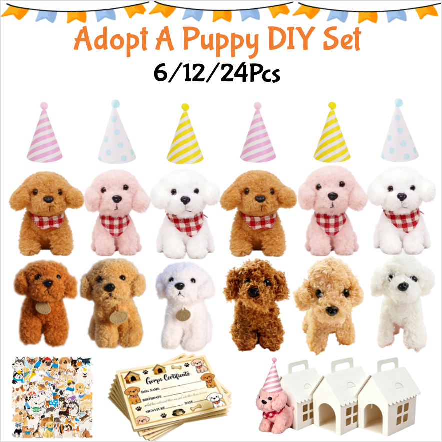 6/12/24Pcs DIY Adopt A Puppy Party Favors Stuffed Animal with DIY Dog House for Toys Graduation Bady Shower Birthday Gifts 4.7in